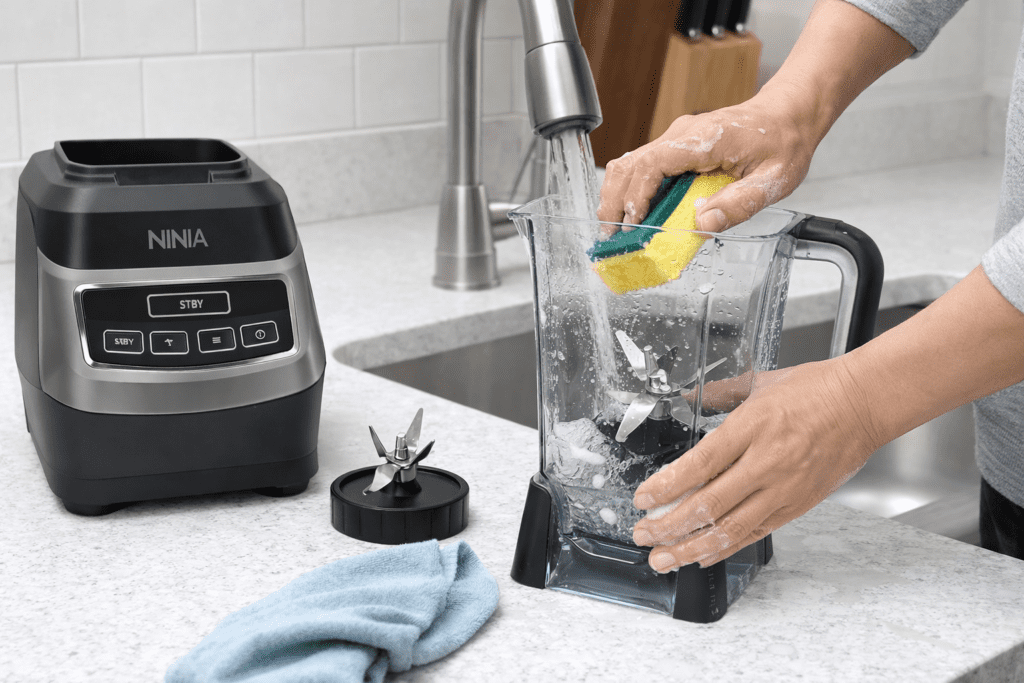 Ninja BL660 blender pitcher being cleaned with sponge under running water in kitchen
