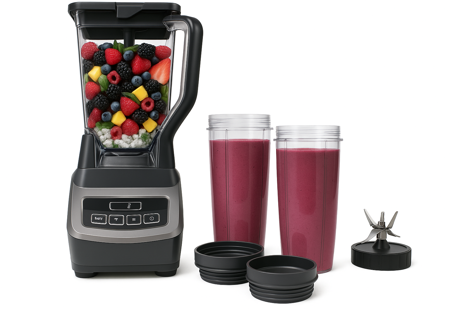 Ninja BL660 blender with large pitcher, smoothie cups, and blade attachment