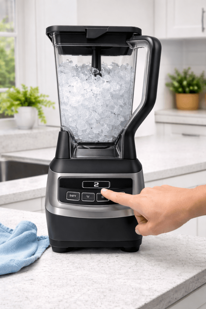 Ninja BL660 blender crushing ice in kitchen showing powerful blending performance