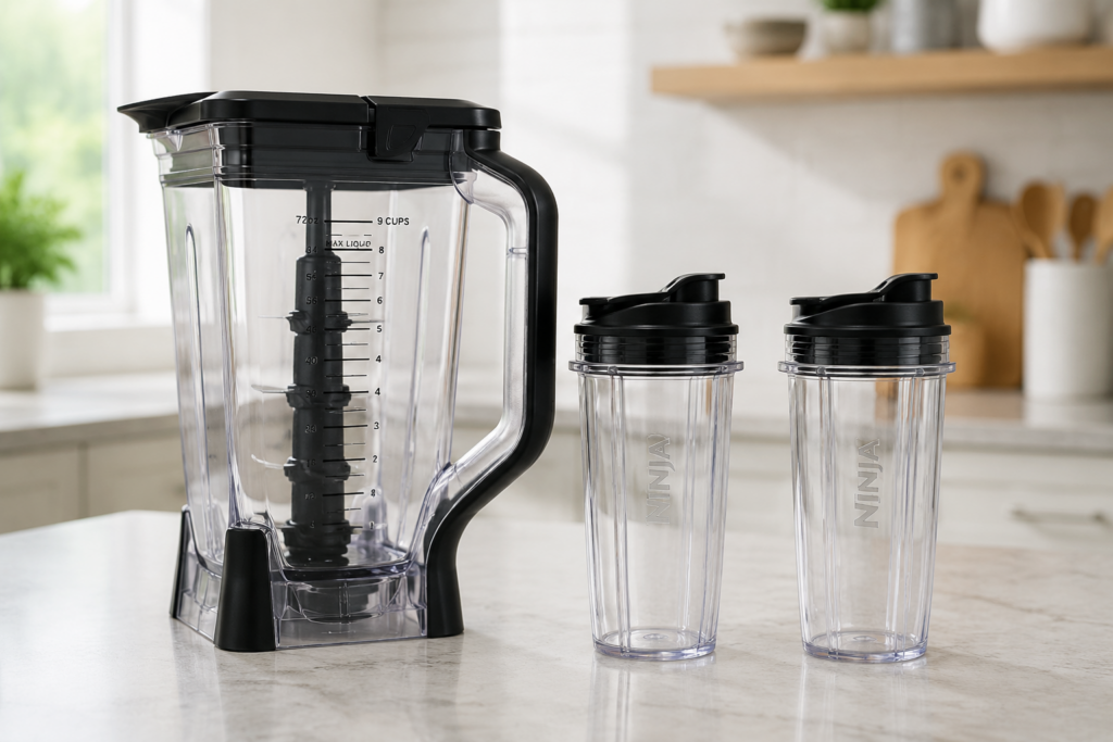 Ninja BL660 pitcher beside two 16-ounce Nutri Ninja cups