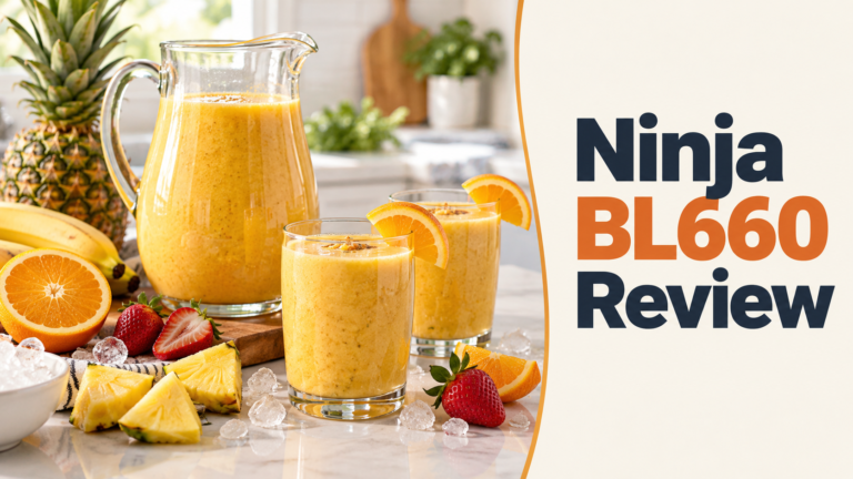 Ninja BL660 review graphic with family-size fruit smoothie and individual servings