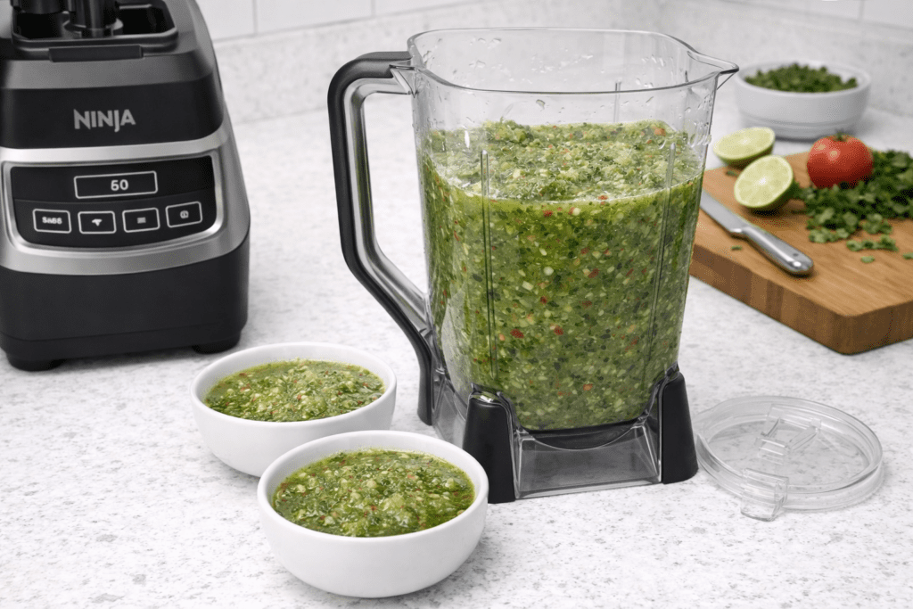Ninja BL660 blender making fresh salsa in pitcher with chopped vegetables on kitchen counter