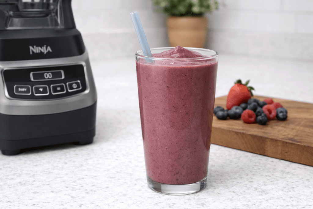 Smoothie made with Ninja BL660 in glass showing thick blended texture with berries