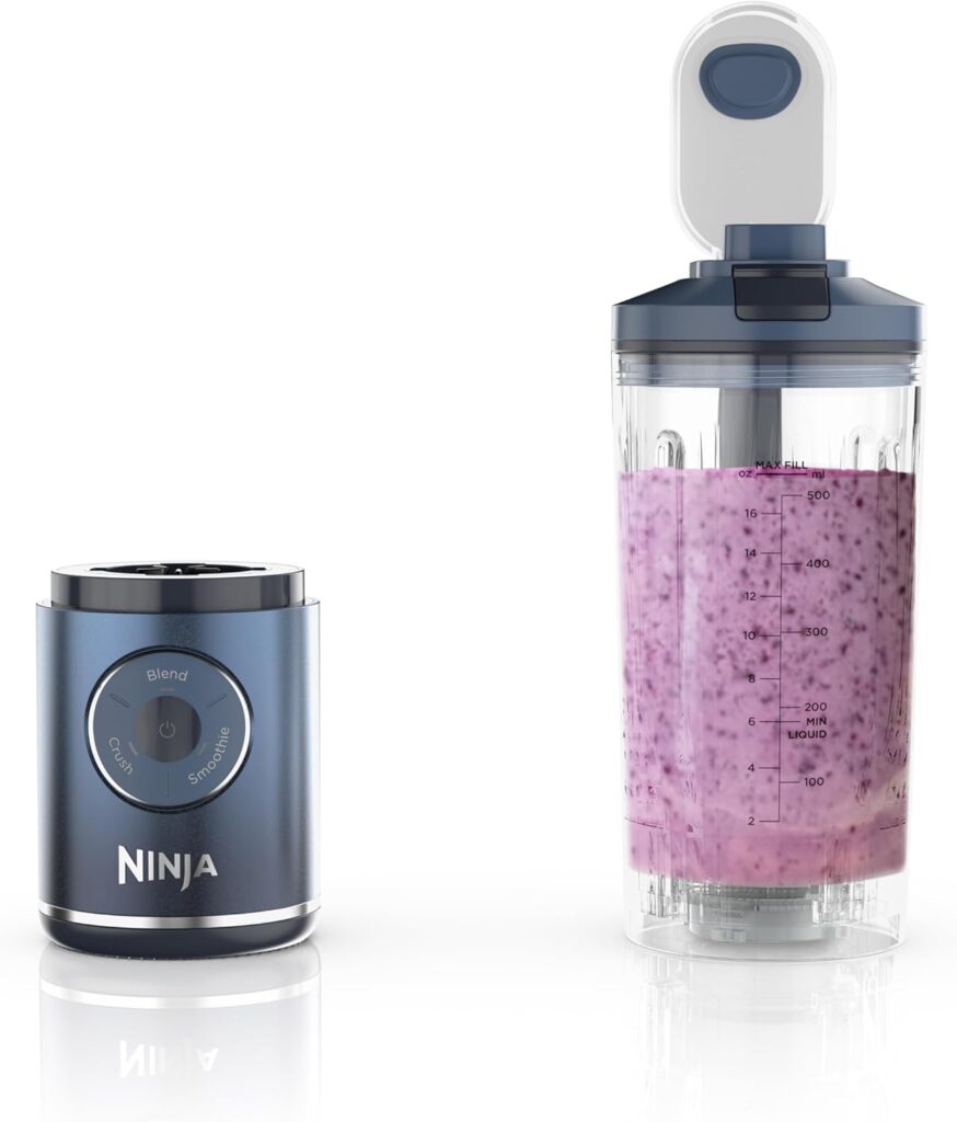 Ninja Blast Max portable personal blender with smoothie cup filled with blended purple smoothie.