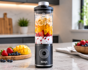 Ninja Blast Max portable blender on a modern kitchen countertop with fresh fruit and smoothie ingredients