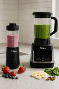Ninja Blast Max personal blender and Ninja BN751 countertop blender side by side on a kitchen counter with smoothies and fresh fruit.