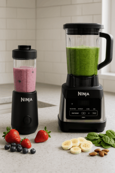 Ninja Blast Max personal blender and Ninja BN751 countertop blender side by side on a kitchen counter with smoothies and fresh fruit.