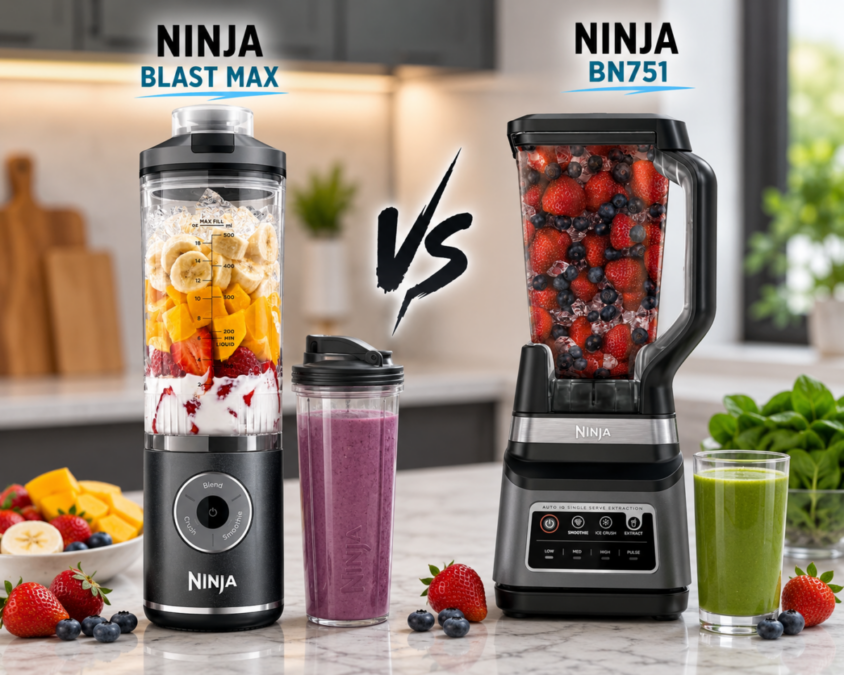 Ninja Blast Max vs Ninja BN751 blender comparison on a modern kitchen countertop with smoothies and fresh fruit
