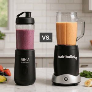 Ninja Blast Max and NutriBullet RX personal blenders side by side on a kitchen counter, each blending smoothies with fresh fruit nearby.