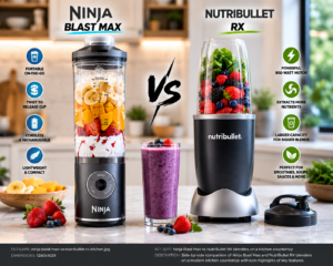 Ninja Blast Max vs NutriBullet RX blender comparison on a modern kitchen countertop with smoothie ingredients