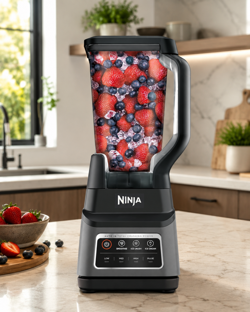 Ninja BN701 blender on a modern kitchen counter with strawberries, blueberries, and ice in the pitcher