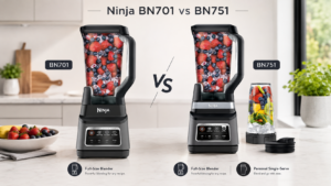 Side-by-side comparison of the Ninja BN701 and Ninja BN751 blenders on a modern kitchen counter