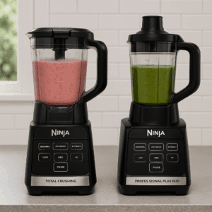 Ninja BN701 and BN751 blenders side by side on a modern kitchen counter, each filled with smoothies to highlight their blending power.