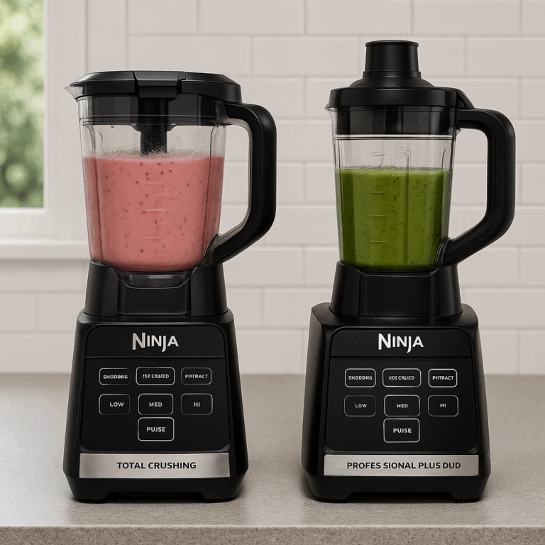 Ninja BN701 and BN751 blenders side by side on a modern kitchen counter, each filled with smoothies to highlight their blending power.