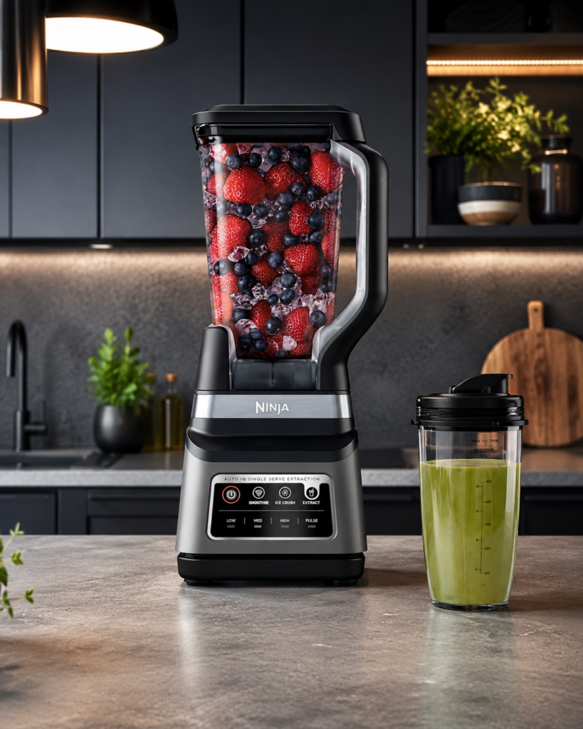 Ninja BN751 blender on a modern kitchen counter with a personal smoothie cup beside it