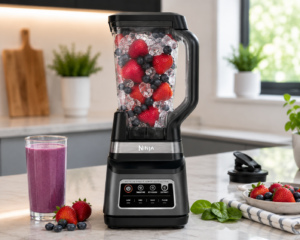 Ninja BN751 Professional Plus blender on a modern kitchen countertop with smoothie ingredients and fresh berries