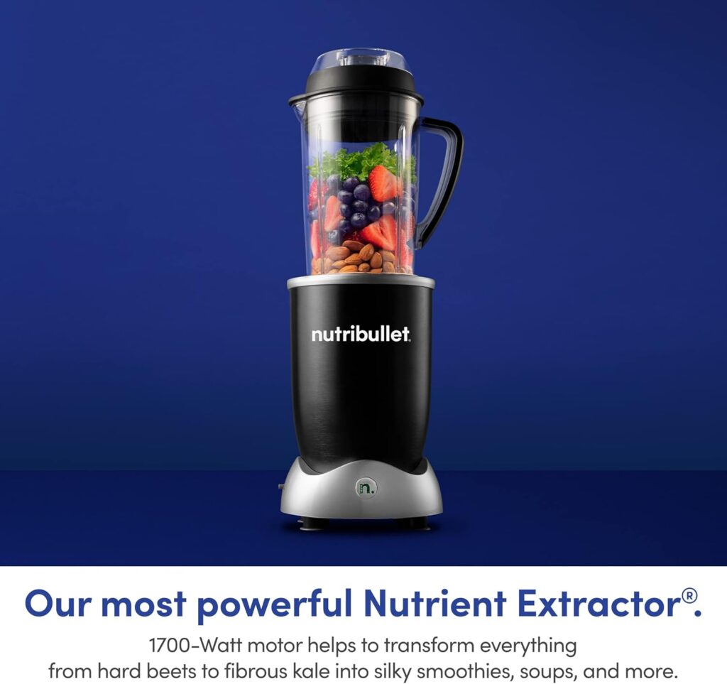 NutriBullet RX blender with fruits, vegetables, and nuts inside, ready for high-powered blending.