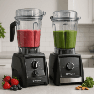 Vitamix A2500 and Vitamix A3300 blenders side by side on a kitchen counter with smoothies and fresh ingredients.