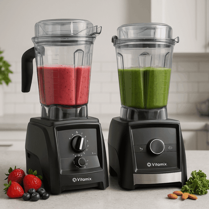 Vitamix A2500 and Vitamix A3300 blenders side by side on a kitchen counter with smoothies and fresh ingredients.