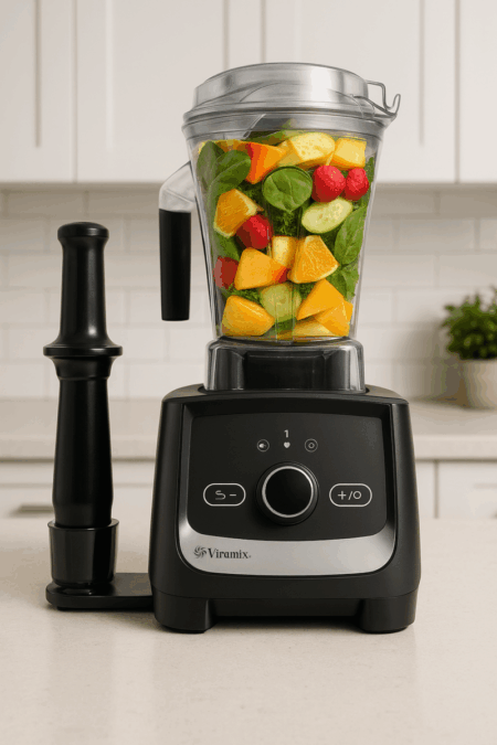 Vitamix Ascent X3 blender with tamper and container filled with fruits and greens
