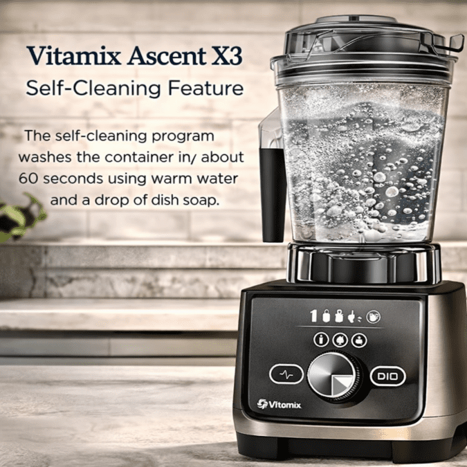 Vitamix Ascent X3 blender self-cleaning program running with water inside the container