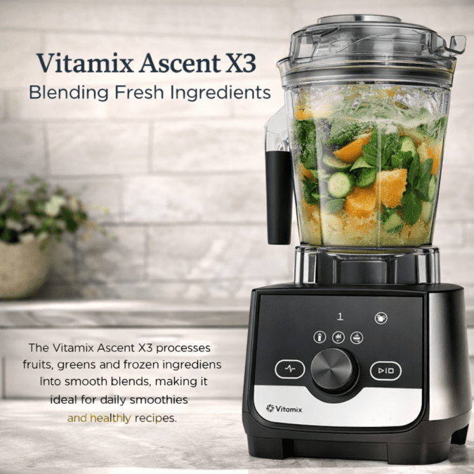 Vitamix Ascent X3 blender filled with fresh fruit and greens blending a smoothie in a clear container