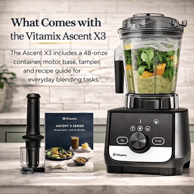 Vitamix Ascent X3 blender with motor base, 48 oz container, tamper, and accessories displayed