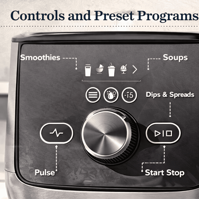 Close-up of Vitamix Ascent X4 control dial showing preset programs, pulse, and start-stop buttons