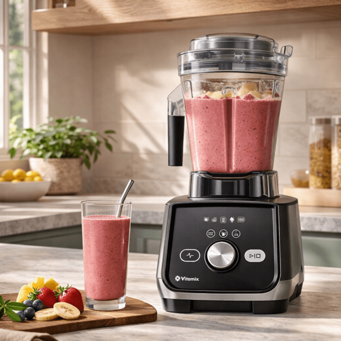 Vitamix Ascent X4 blender making a fresh fruit smoothie on a modern kitchen countertop with natural lighting