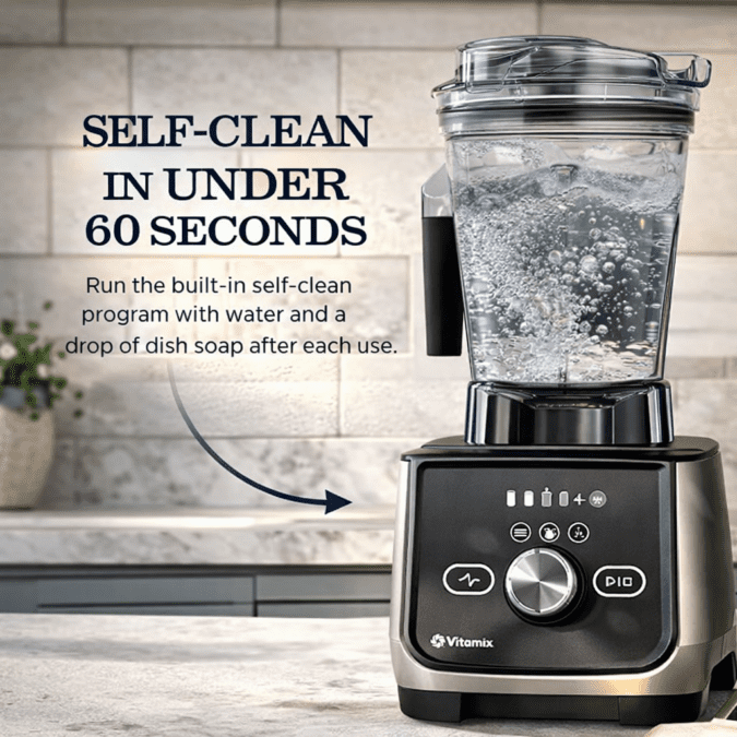 Vitamix Ascent X4 self-cleaning program with water and soap swirling inside the container