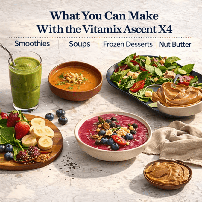 Variety of foods made with a blender including smoothies, soups, frozen desserts, and nut butter on a table