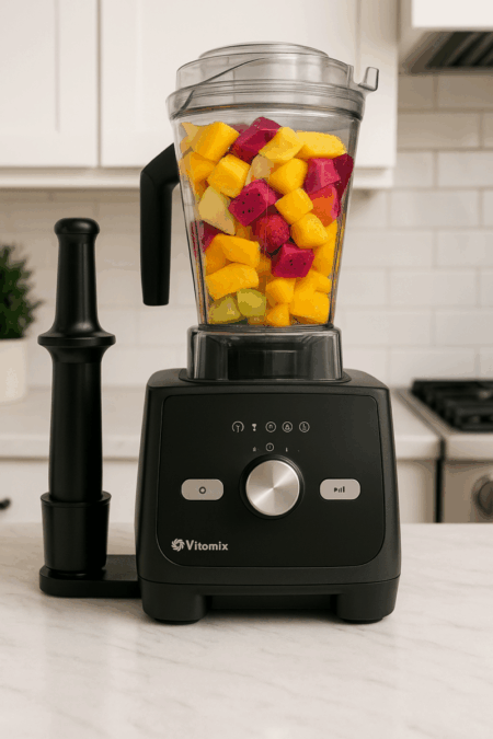 Vitamix Ascent X5 blender on kitchen countertop with fruit-filled container and tamper