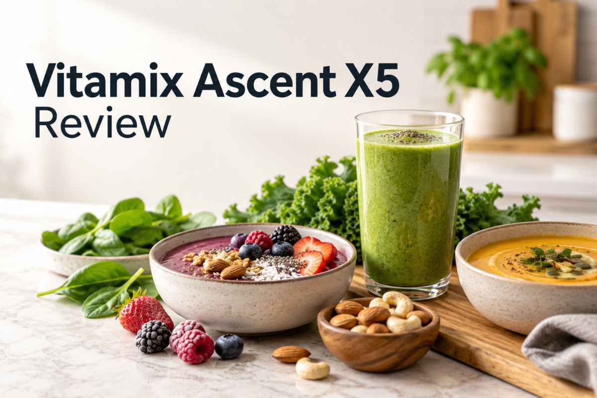 Vitamix Ascent X5 review with smoothie, smoothie bowl, soup, nuts and fresh ingredients