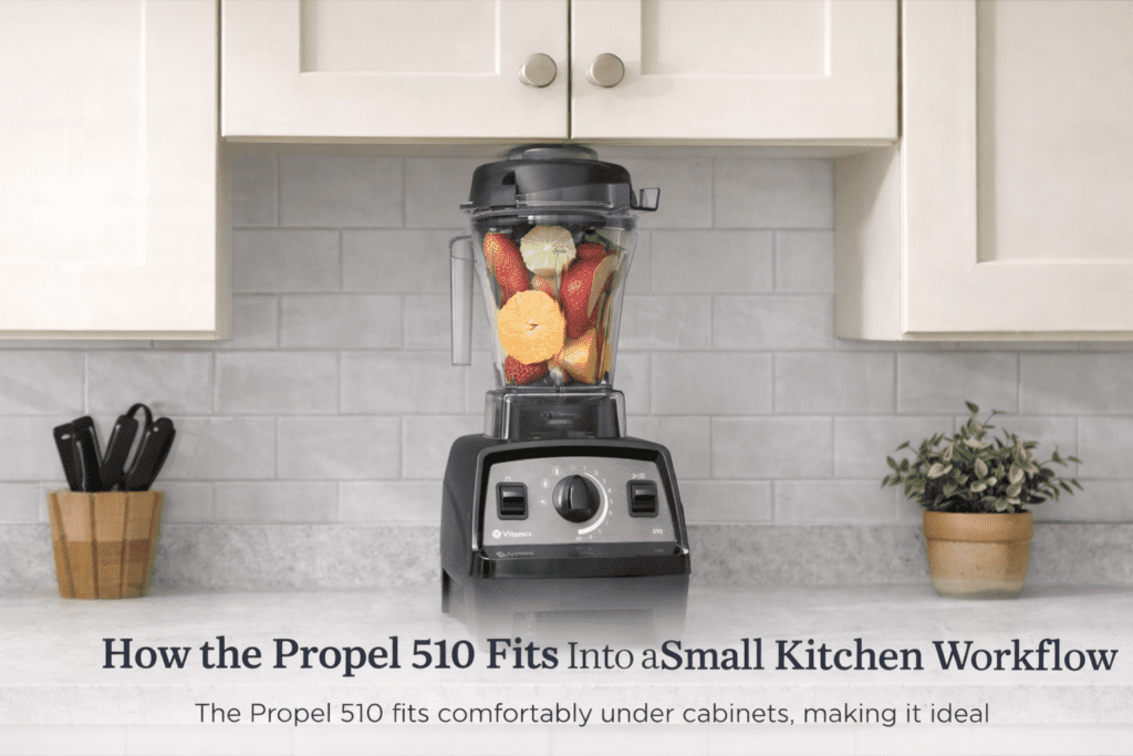 Vitamix Propel 510 compact blender fitting under kitchen cabinet on countertop