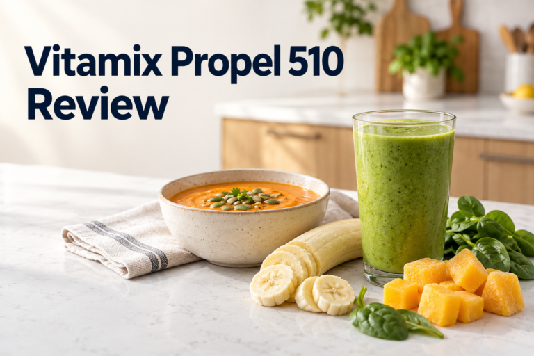 Vitamix Propel 510 review graphic with a green smoothie, vegetable soup, banana, mango and spinach