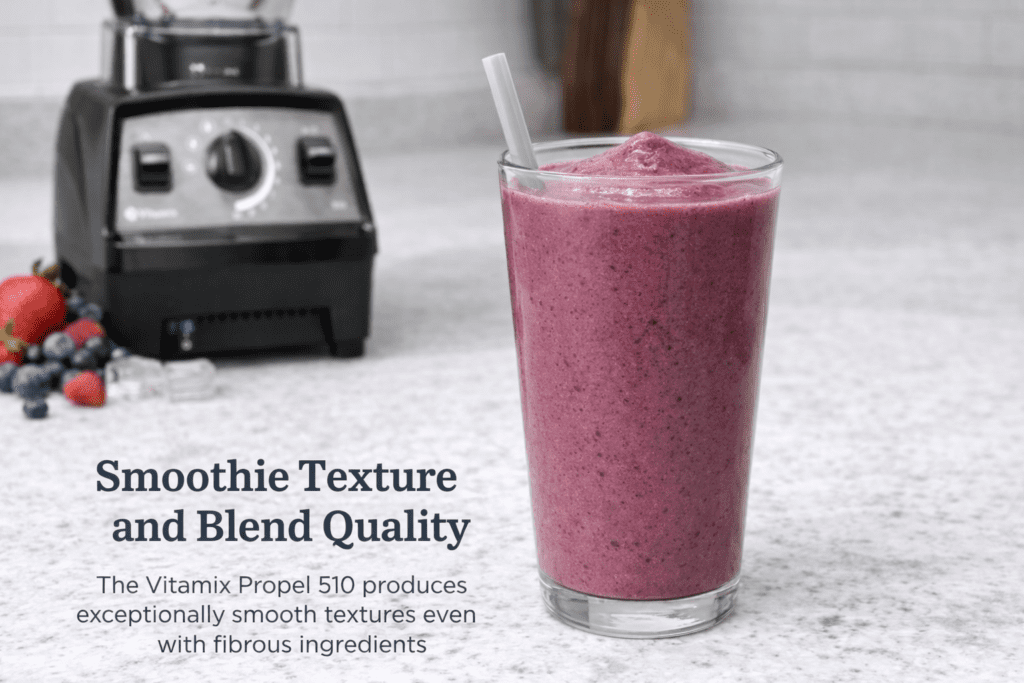Smoothie made with Vitamix Propel 510 showing ultra smooth texture in glass