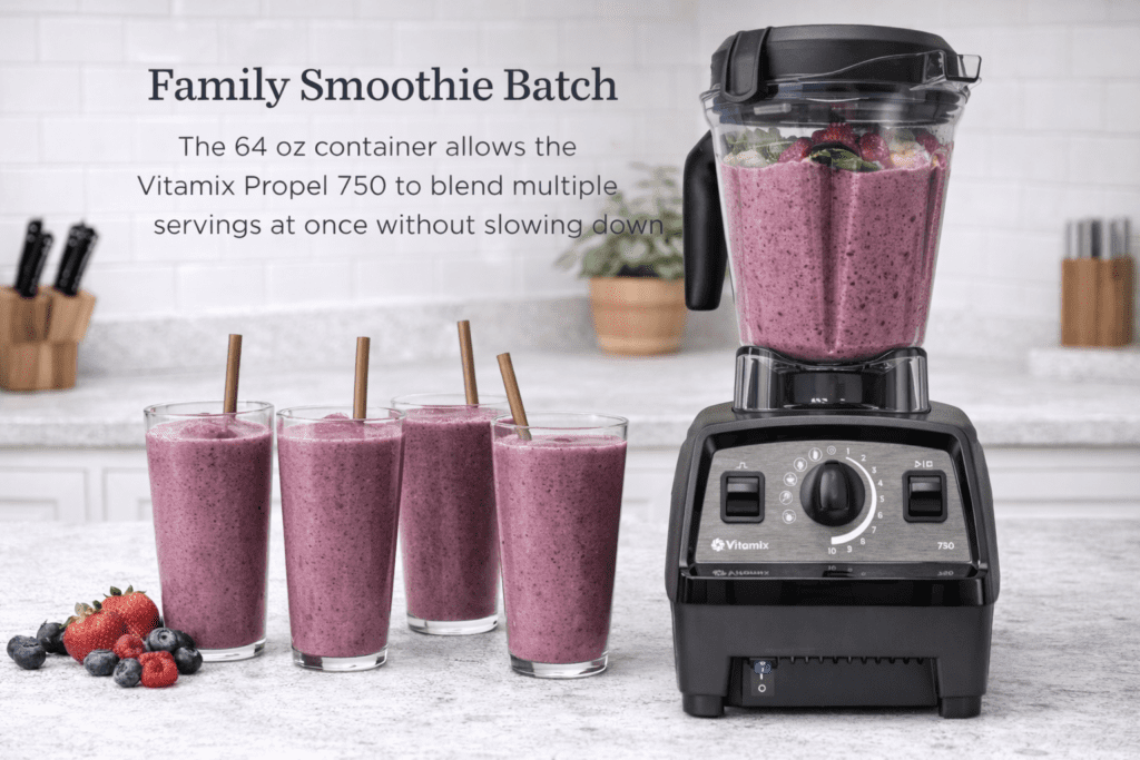 Vitamix Propel 750 blending large smoothie batch for family using full 64 oz container