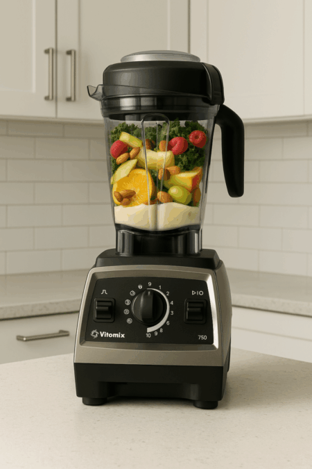 Vitamix Propel 750 blender on white kitchen countertop with fruits and greens
