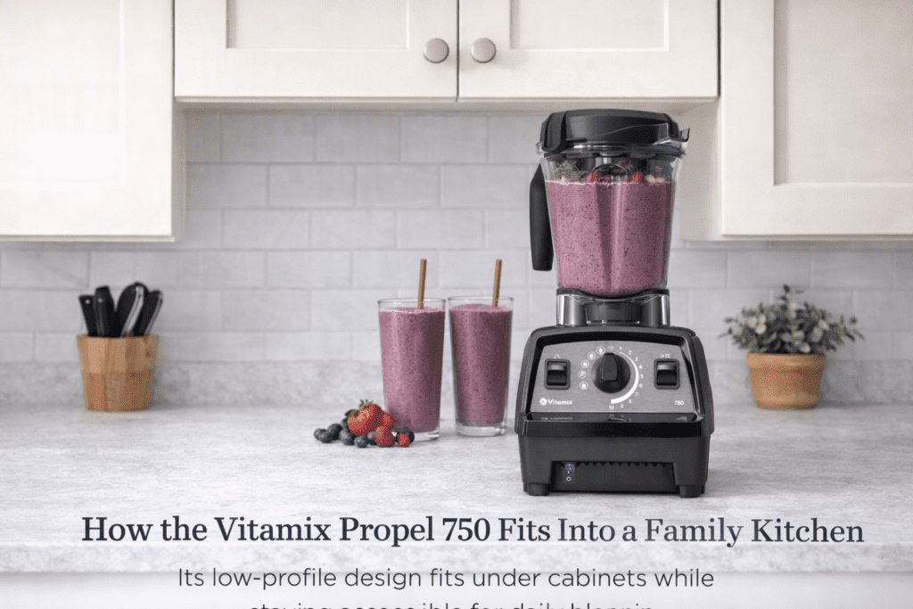 Vitamix Propel 750 on kitchen counter with smoothie glasses showing daily use workflow