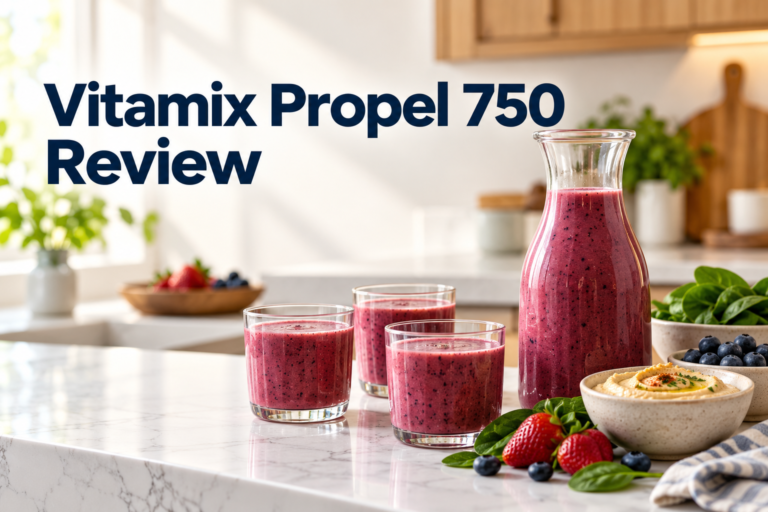 Vitamix Propel 750 review graphic with a berry smoothie carafe, three glasses, hummus and fresh ingredients