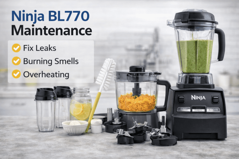 Ninja BL770 Mega Kitchen System with pitcher, food processor bowl, smoothie cups, and blade assemblies displayed for maintenance and cleaning