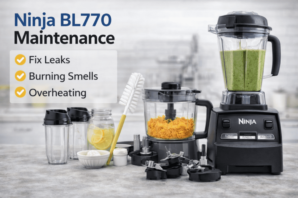 Ninja BL770 Mega Kitchen System with pitcher, food processor bowl, smoothie cups, and blade assemblies displayed for maintenance and cleaning