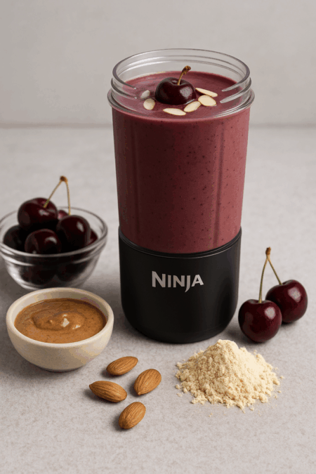 Cherry almond protein shake in Ninja Blast Max cup on countertop