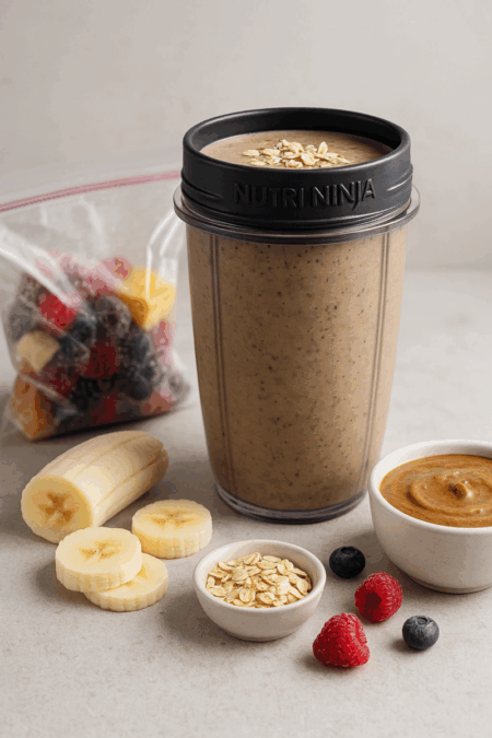 Frozen banana almond smoothie in a Nutri Ninja cup with smoothie pack ingredients nearby