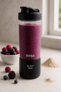 Frozen berry protein smoothie in Ninja Blast Max travel cup