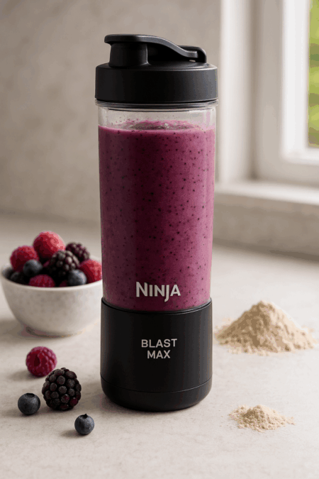 Frozen berry protein smoothie in Ninja Blast Max travel cup