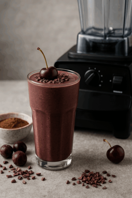Cherry chocolate smoothie in glass with cacao powder and frozen cherries beside Vitamix blender