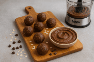 Chocolate energy bites and creamy chocolate hummus on a wooden board next to Ninja food processor