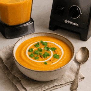 Hot sweet potato soup in bowl made with Vitamix 5200 blender