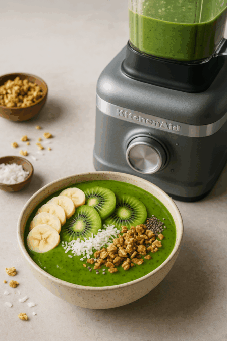 Green smoothie bowl topped with fruit and granola next to KitchenAid K400